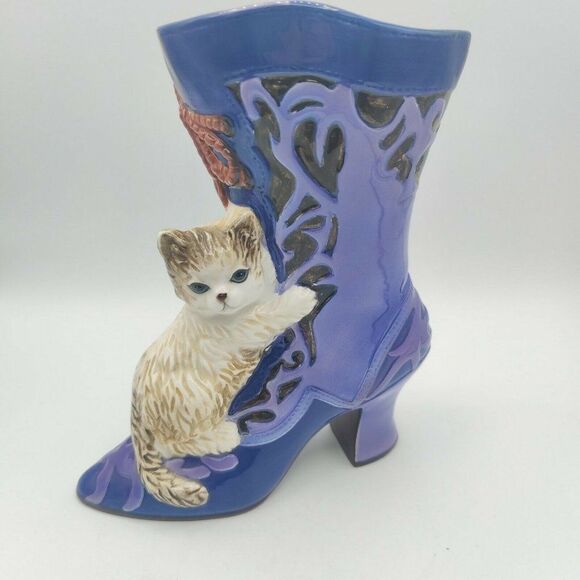Vintage Ceramic Victorian Shoe Boot With Kitten Vase Planter 8.5" Unique  - Picture 1 of 12